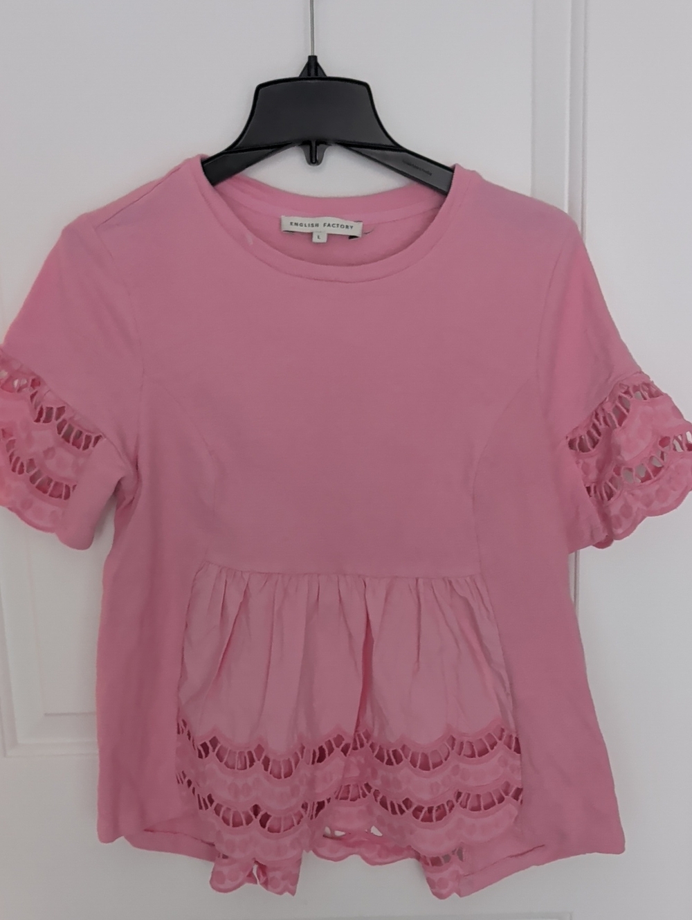 English Factory Pink Cotton Short Sleeve Top with Lace Panels